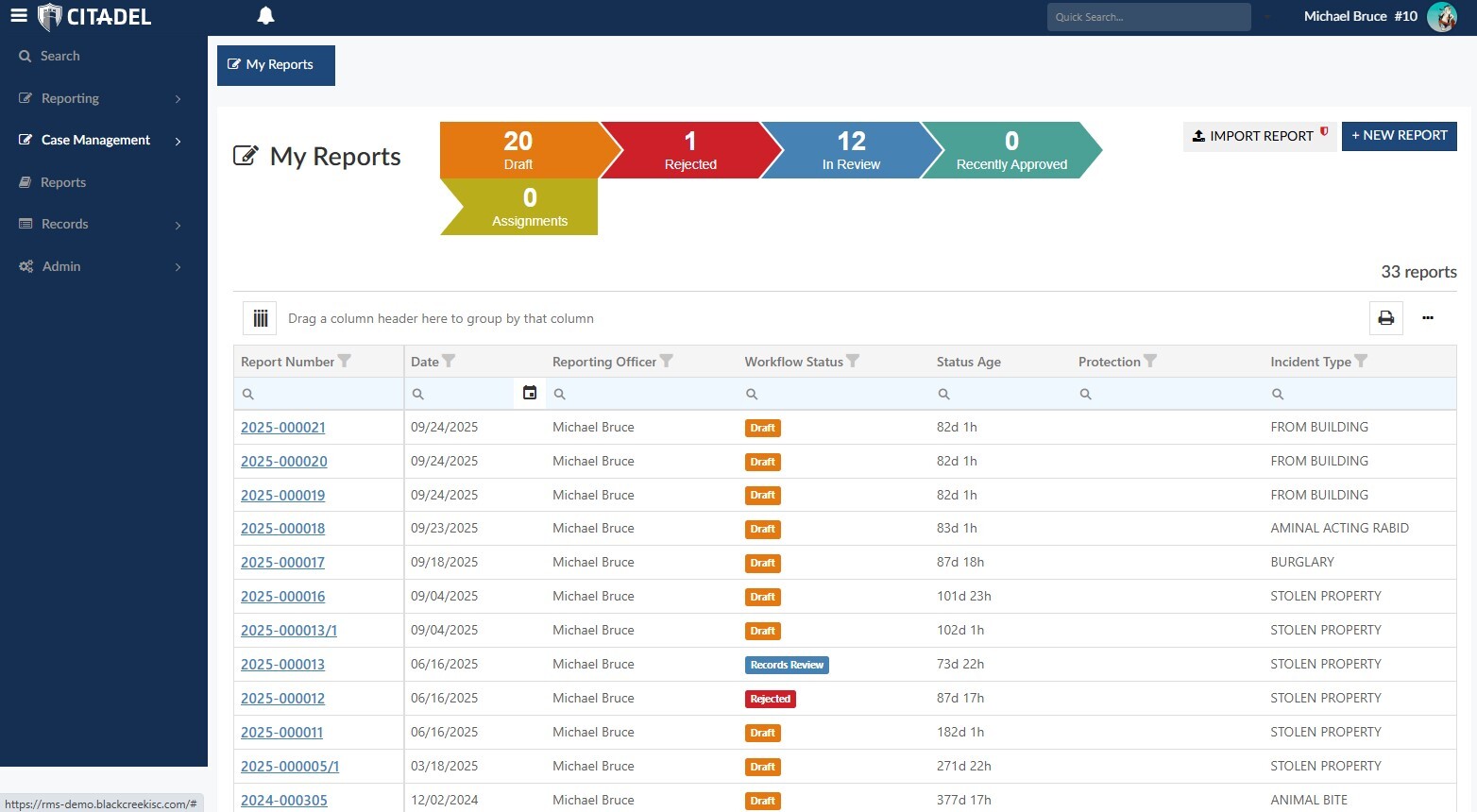 Law Enforcement Records Management Reports Screen